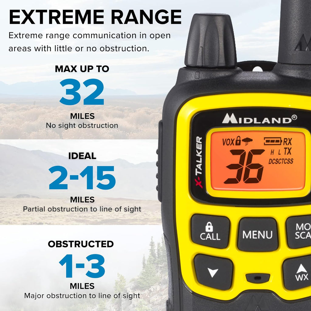 36 Channel FRS Two-Way Radio, 121 Privacy Codes, NOAA Weather Scan + Alert, Black/Yellow, 2-Pack Q280