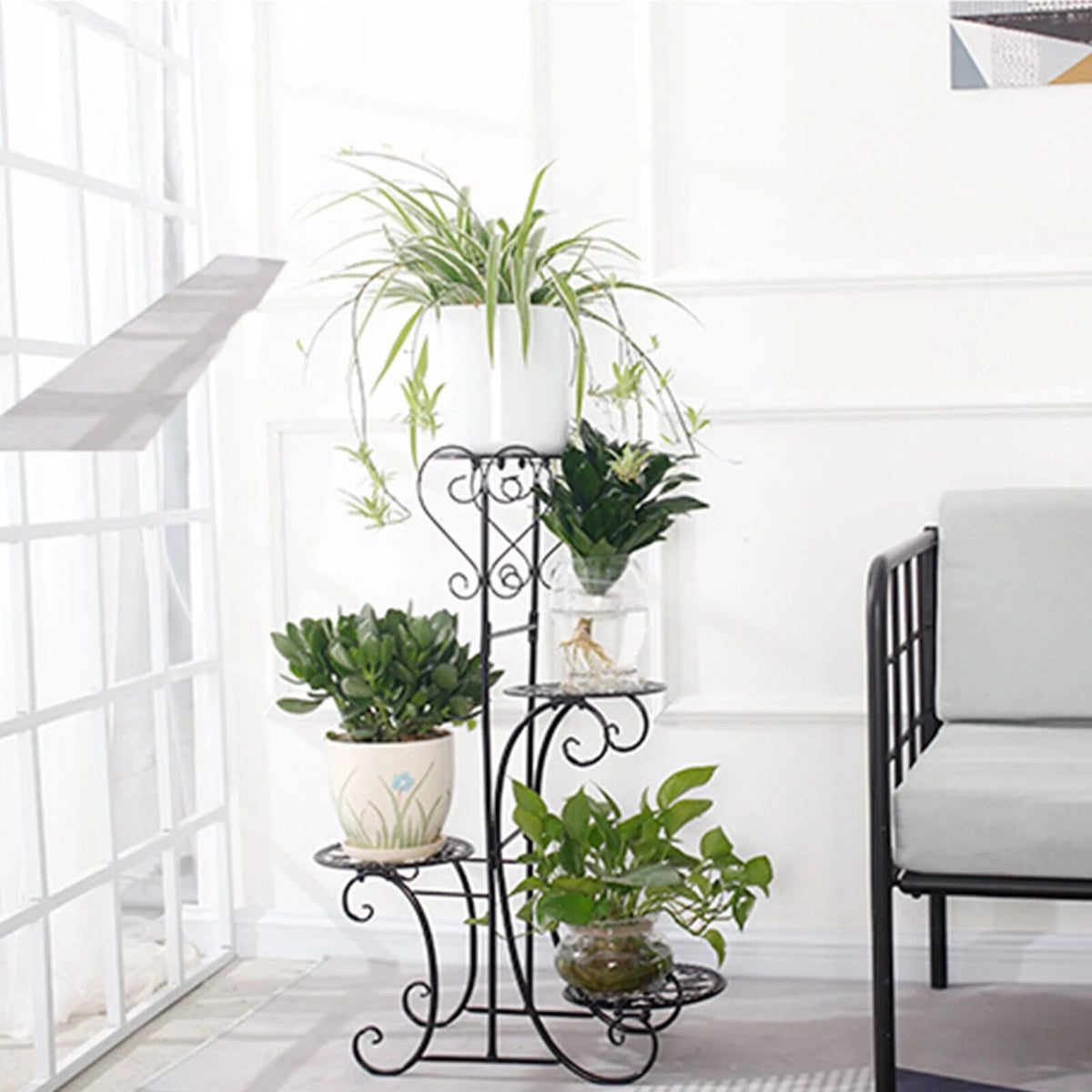 4 Tier Iron Plant Stand Wood Shelves N4482