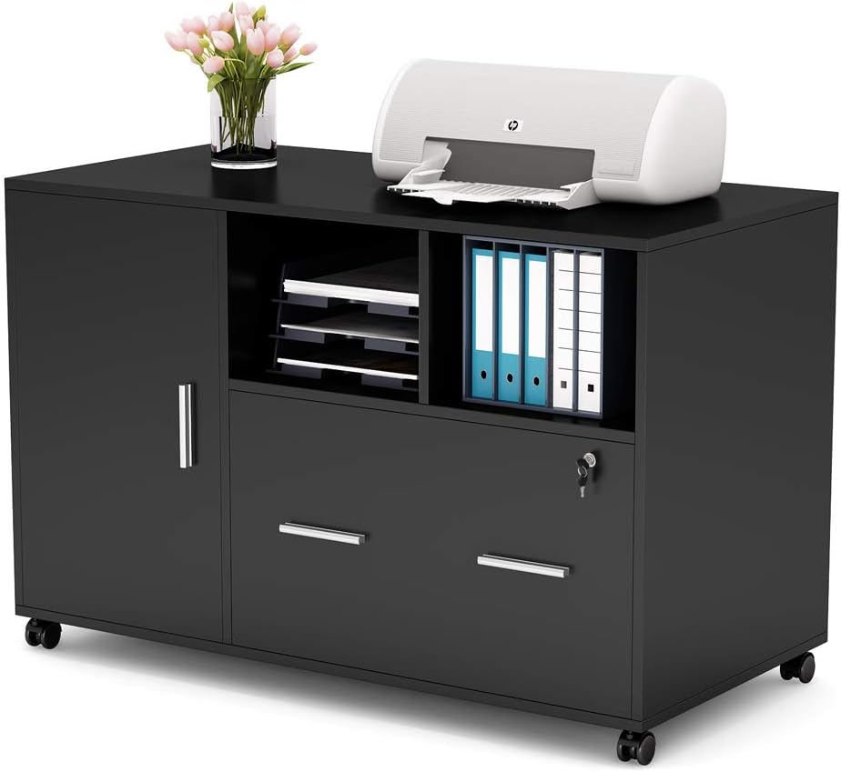 Black Mobile Lateral File Cabinet with Lock and Wheels H8676