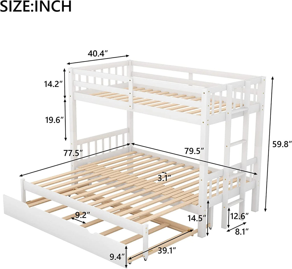 Twin Over King Wooden Bunk Bed with Trundle and Ladder W762
