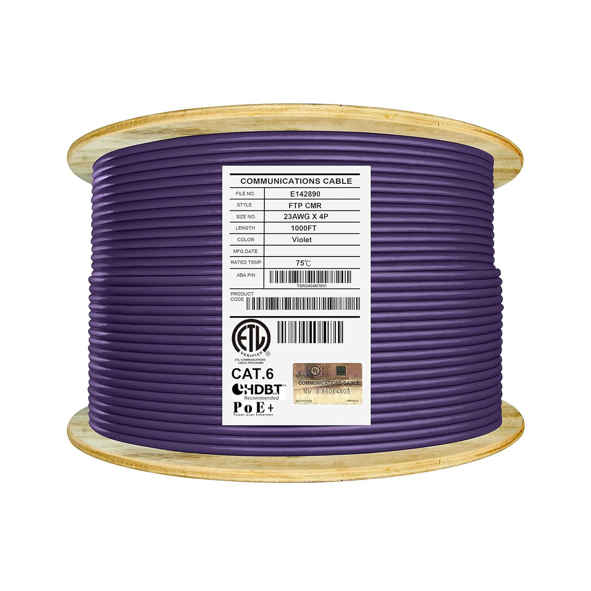 Cat6 Shielded Riser 1000ft F/UTP 23AWG Solid Bare Copper 550MHz Bulk Ethernet Cable Reel Orange I531