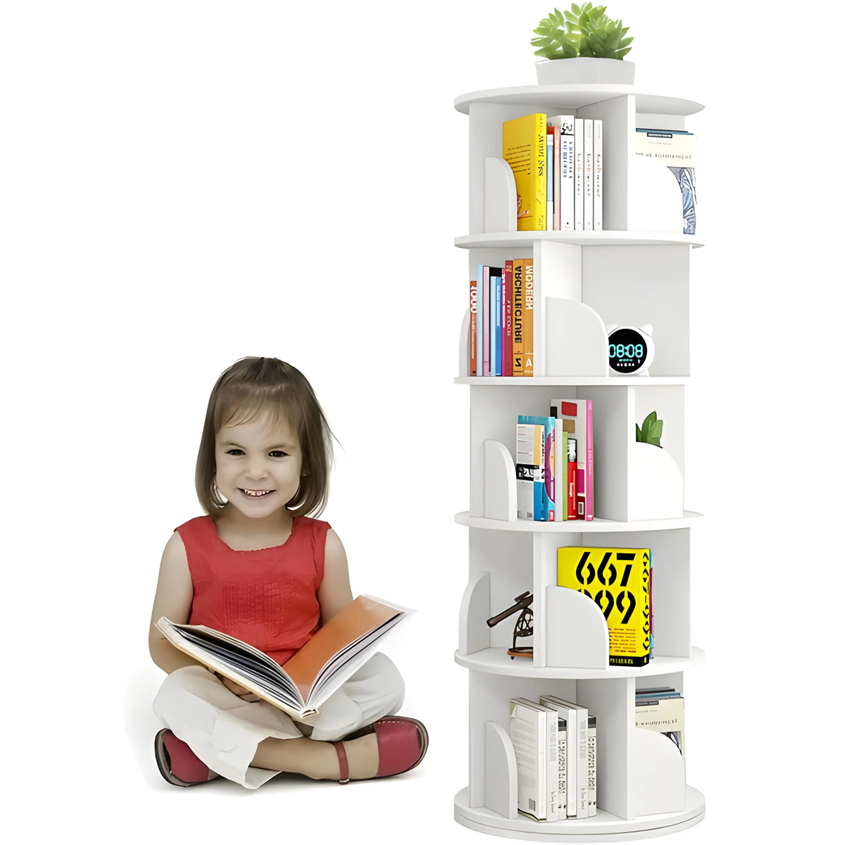 5 Tier 360° Rotating White Wood Bookshelf S385