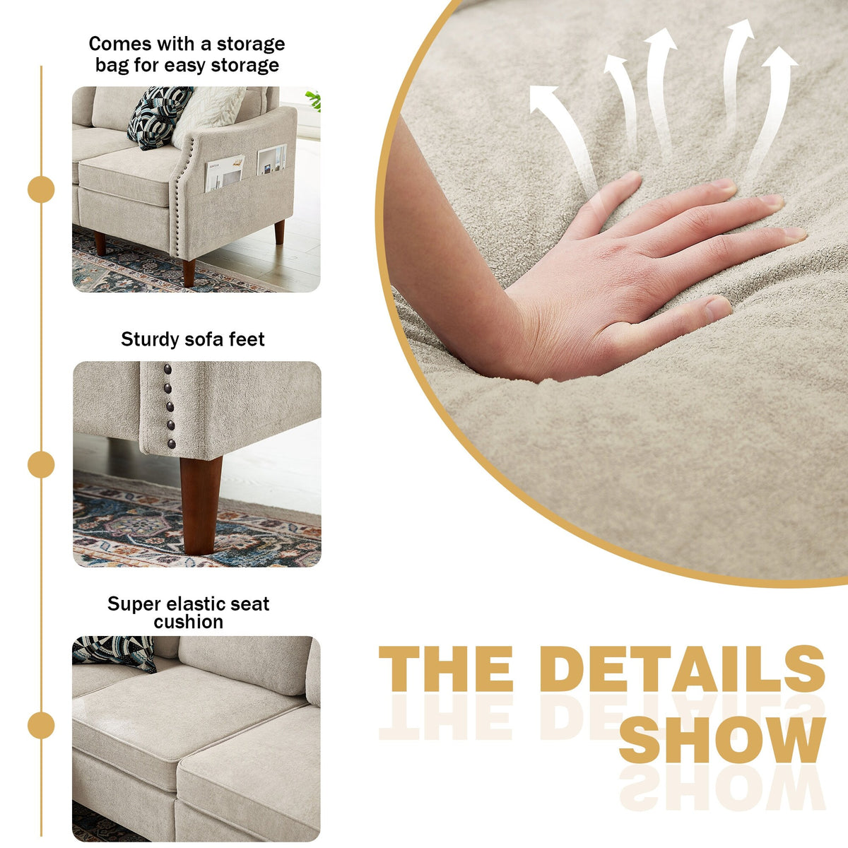 Beige L-Shaped Sectional Sofa Couch with Storage Bags R553