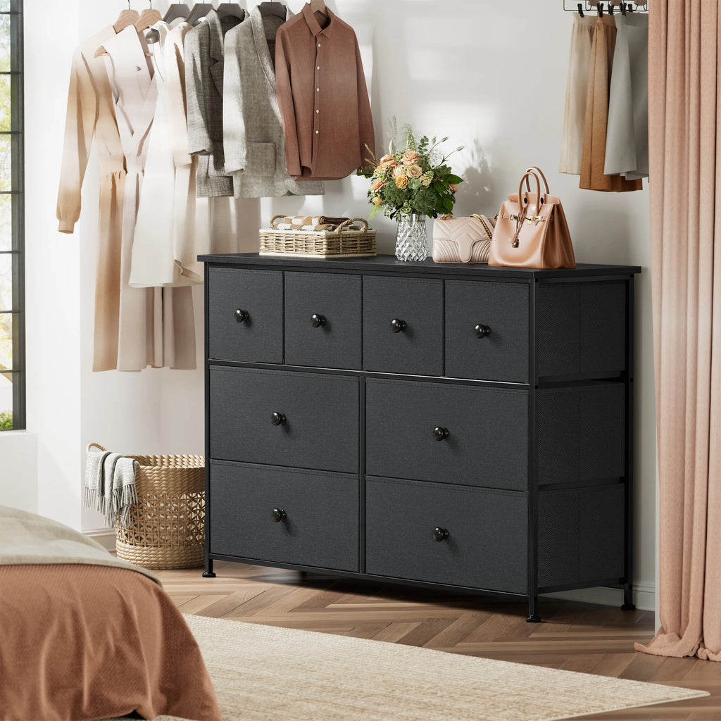 8 Drawer Fabric Dresser with Steel Frame and Wooden Top B51876