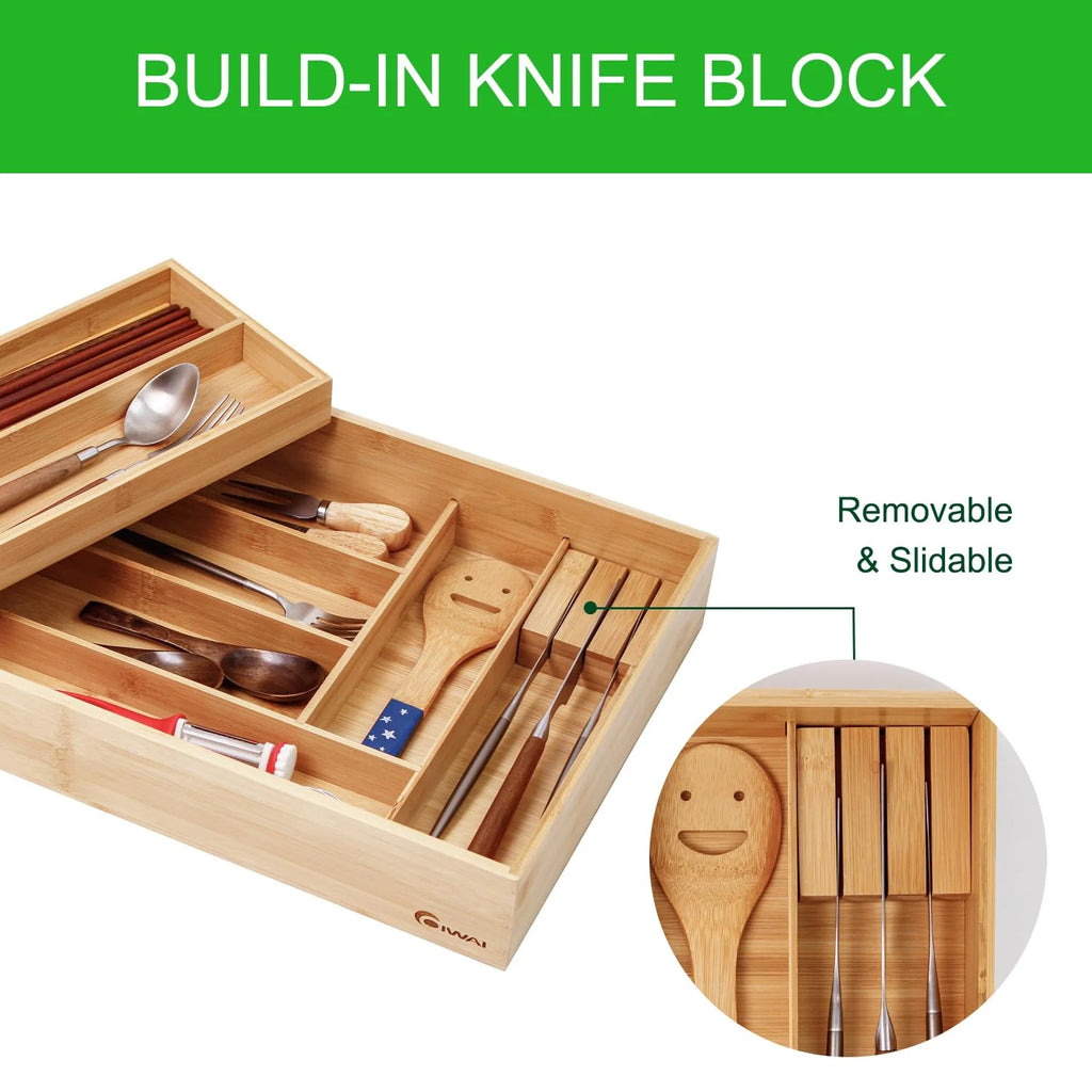 Bamboo Double Layer Kitchen Drawer Organizer with Sliding Tray, Removable Knife Block, Utensil Silverware Cutlery Storage Box, Brown T649