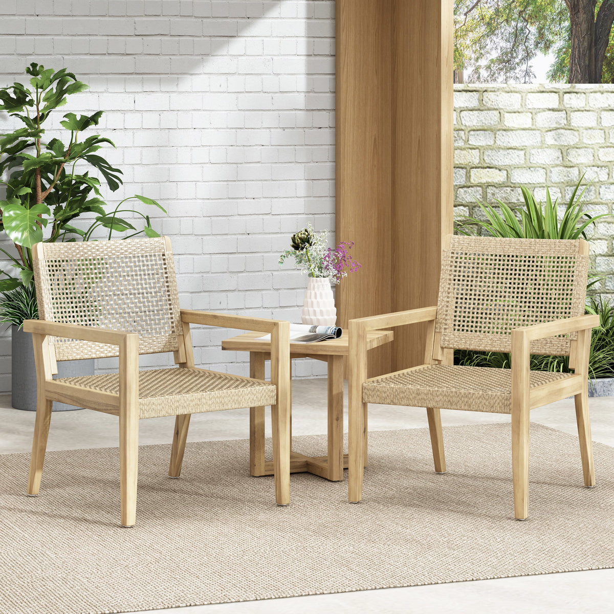 Wicker and Acacia Wood Outdoor Club Chairs, Set of 2 O971