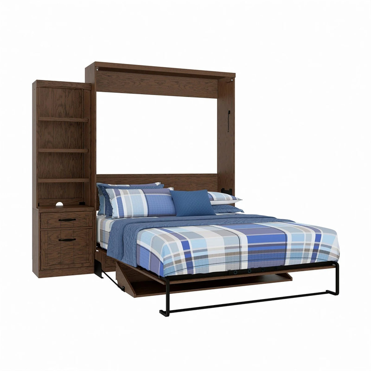 Brown Wood Queen Murphy Wall Desk Bed with Shelf Storage I859389