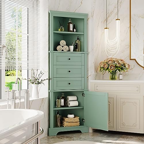 Green Tall Corner Cabinet with Drawers and Shelves D2418