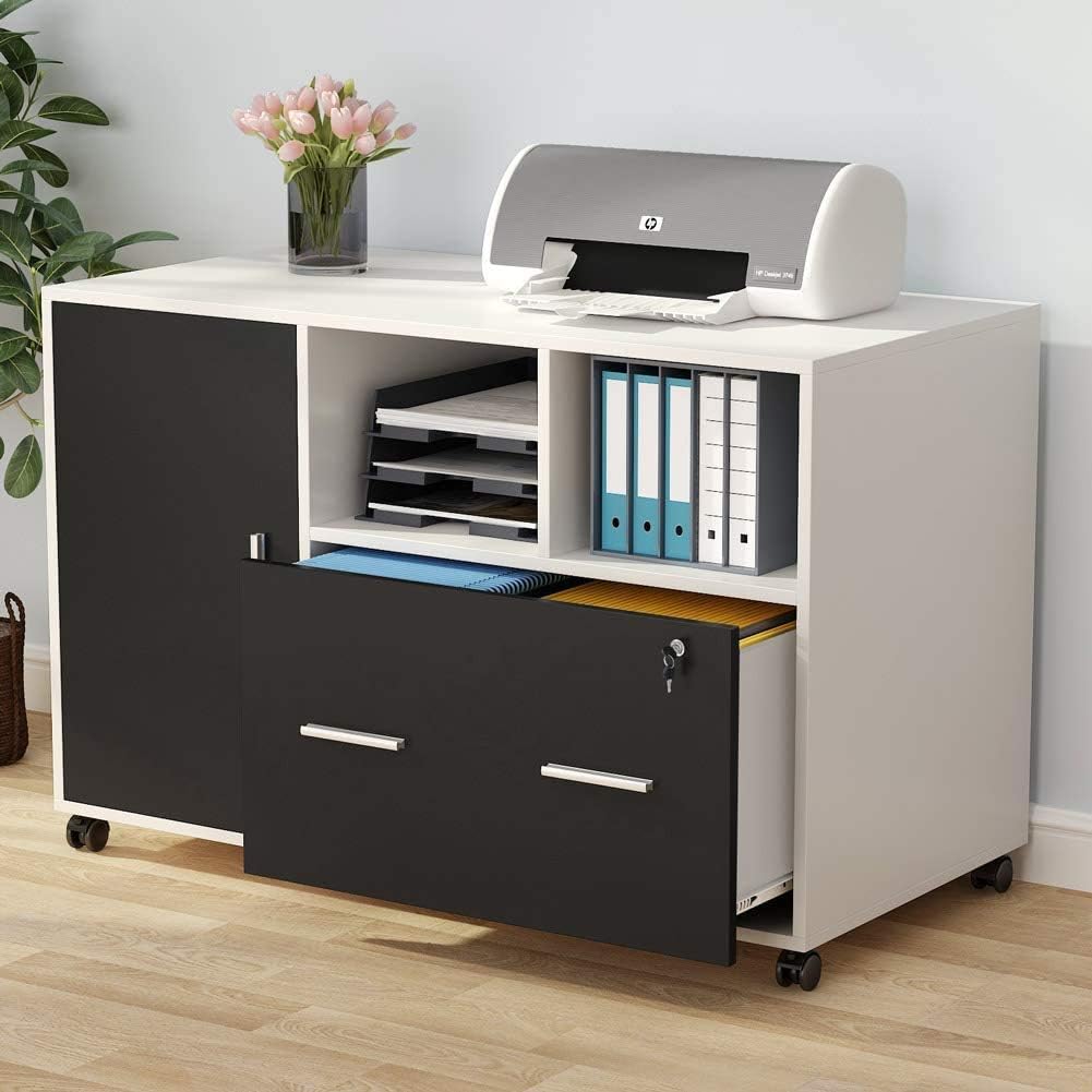 Black Mobile Lateral File Cabinet with Lock and Wheels H8676