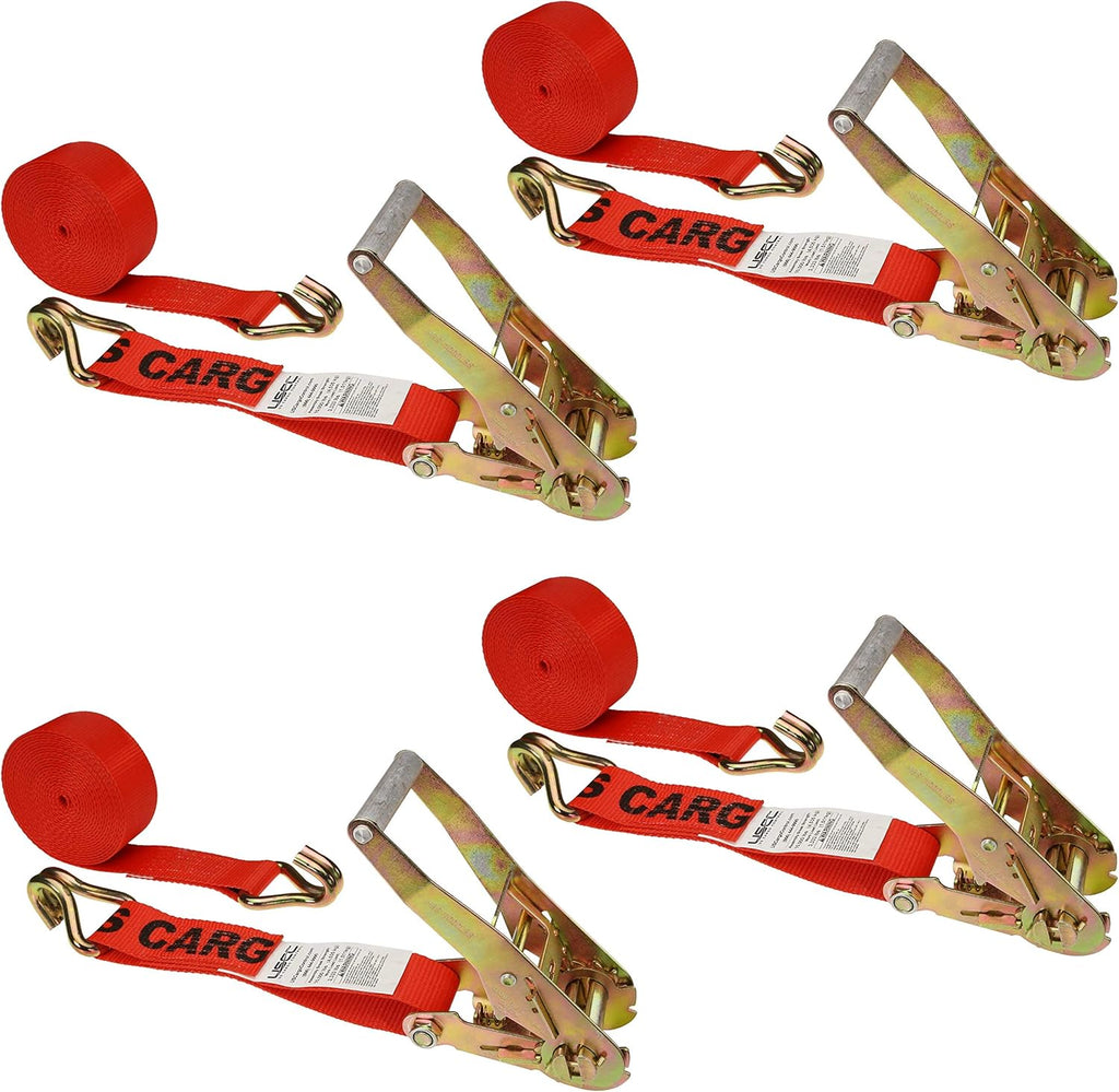 2 Inch x 27 Foot Red Ratchet Straps with Double J Hooks, 4 Pack A24937