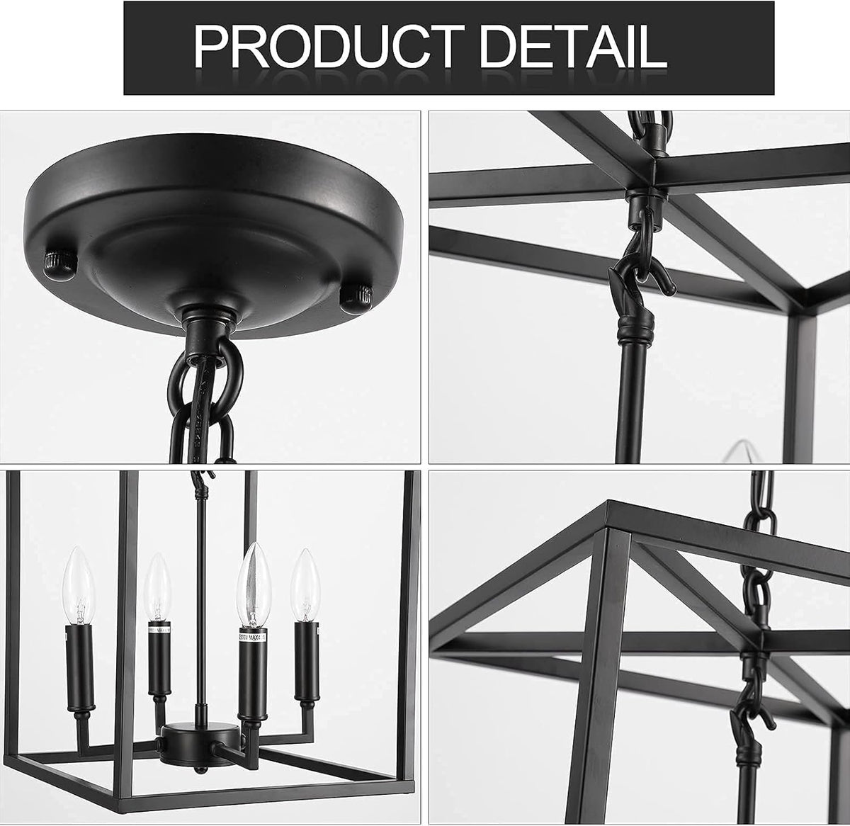 Matte Black 4-Light Metal Cage Pendant Light Chandelier N9523