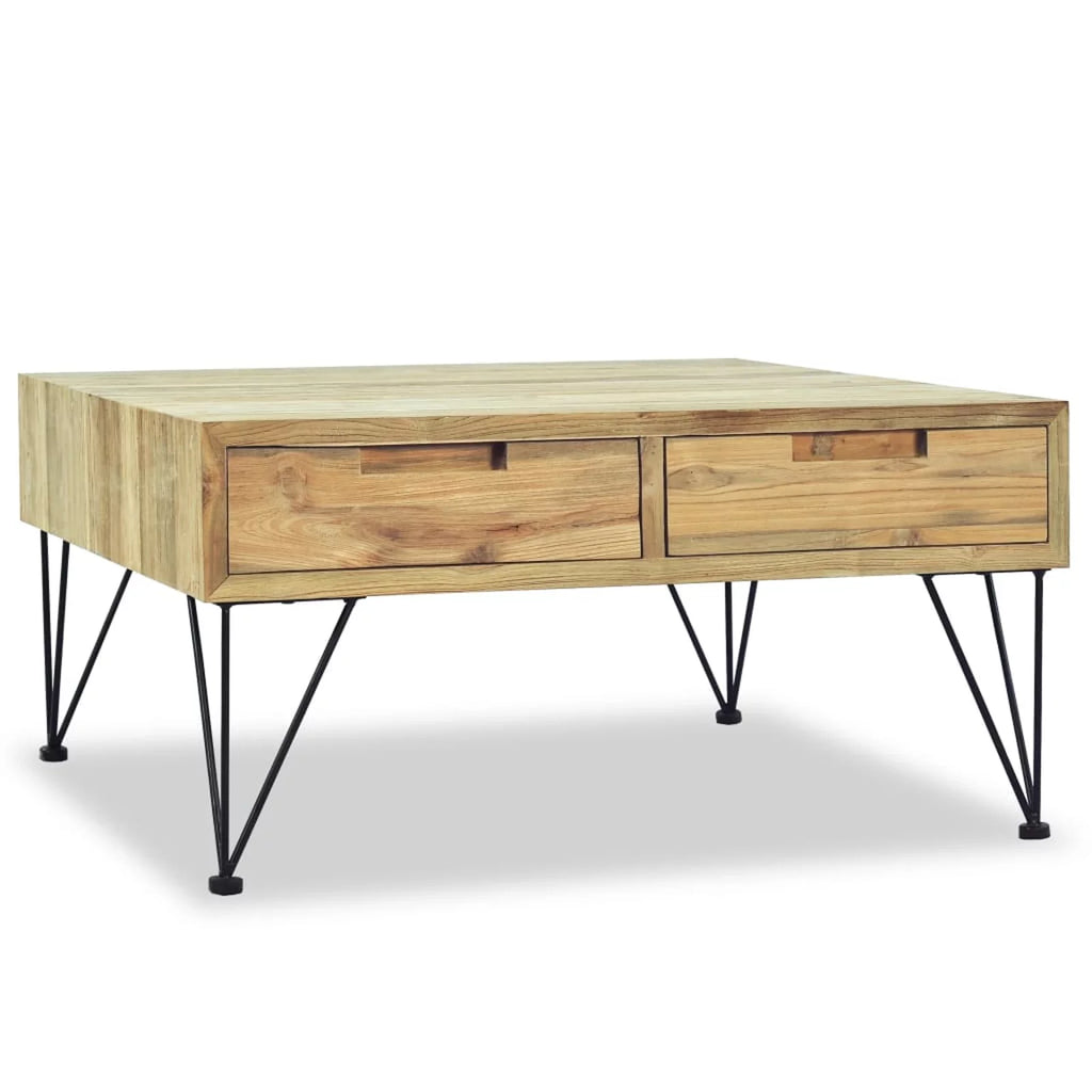 Coffee Table with 2 Storage Drawers Teak Wood Wrought Iron Legs E134083