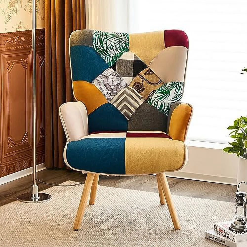 High Back Accent Chair with Linen Fabric and Wood Feet M955353