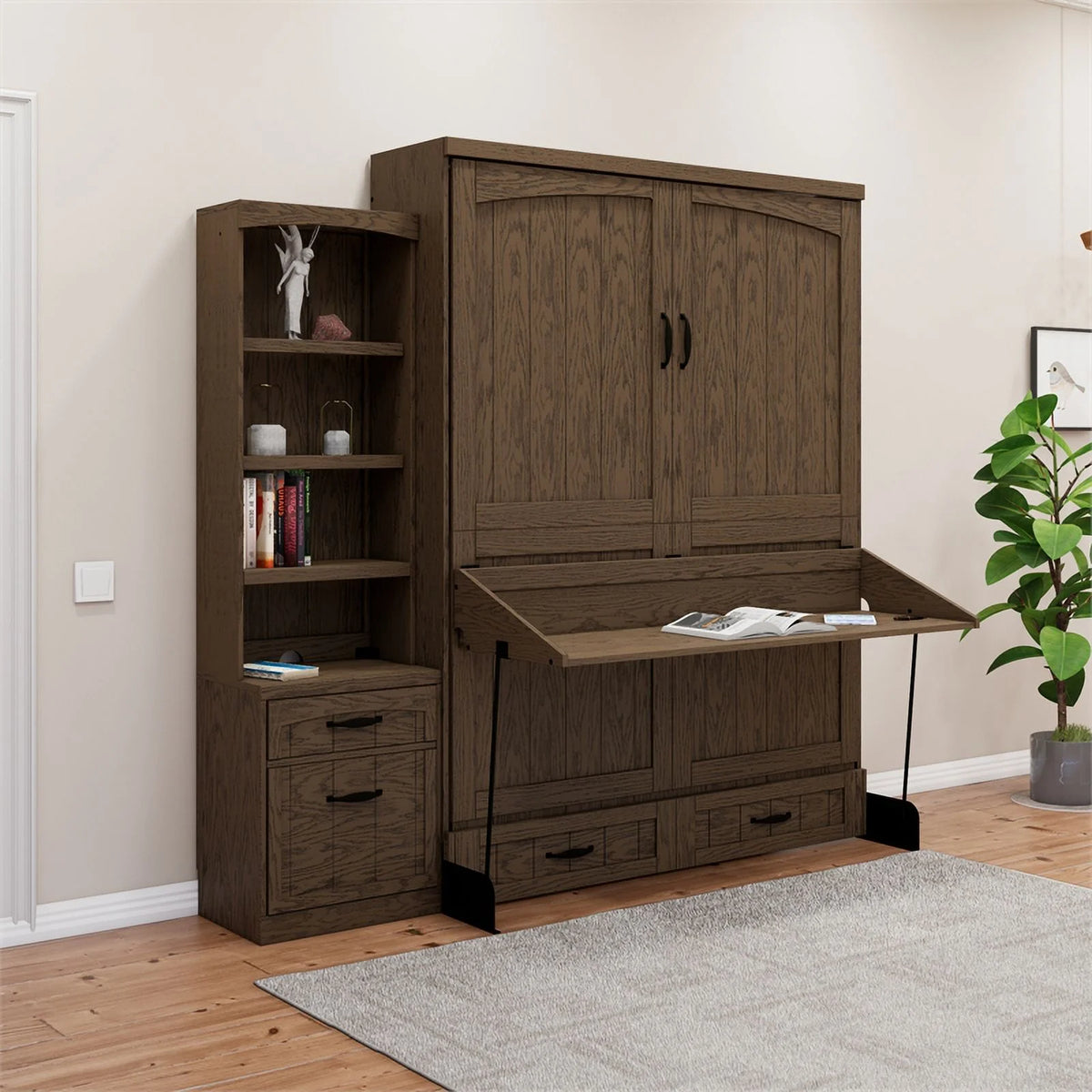 Brown Wood Queen Murphy Wall Desk Bed with Shelf Storage I859389