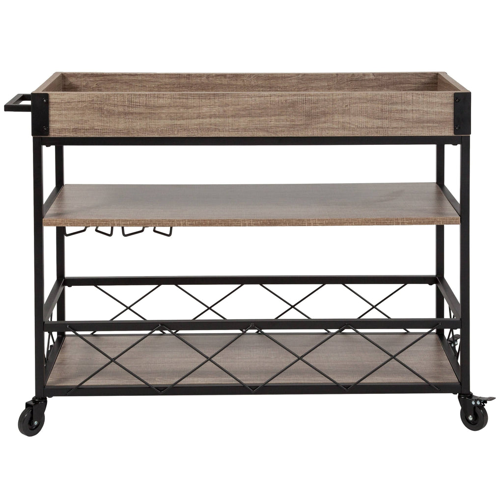 Aged Oak Wood Kitchen Bar Cart with Stemware Rack Y4665