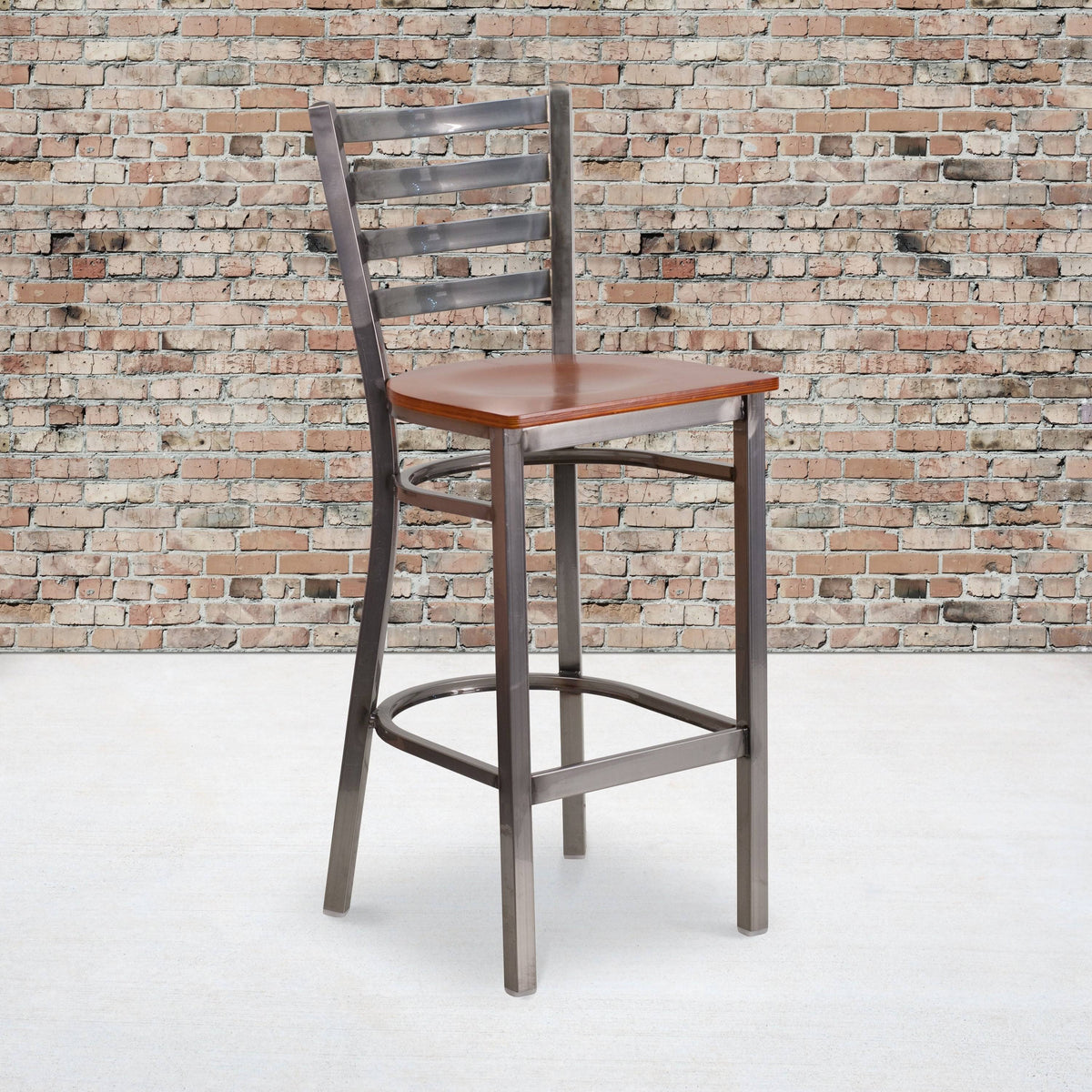 Cherry Wood Seat Clear Coated Metal Frame Ladder Back Stool C986128