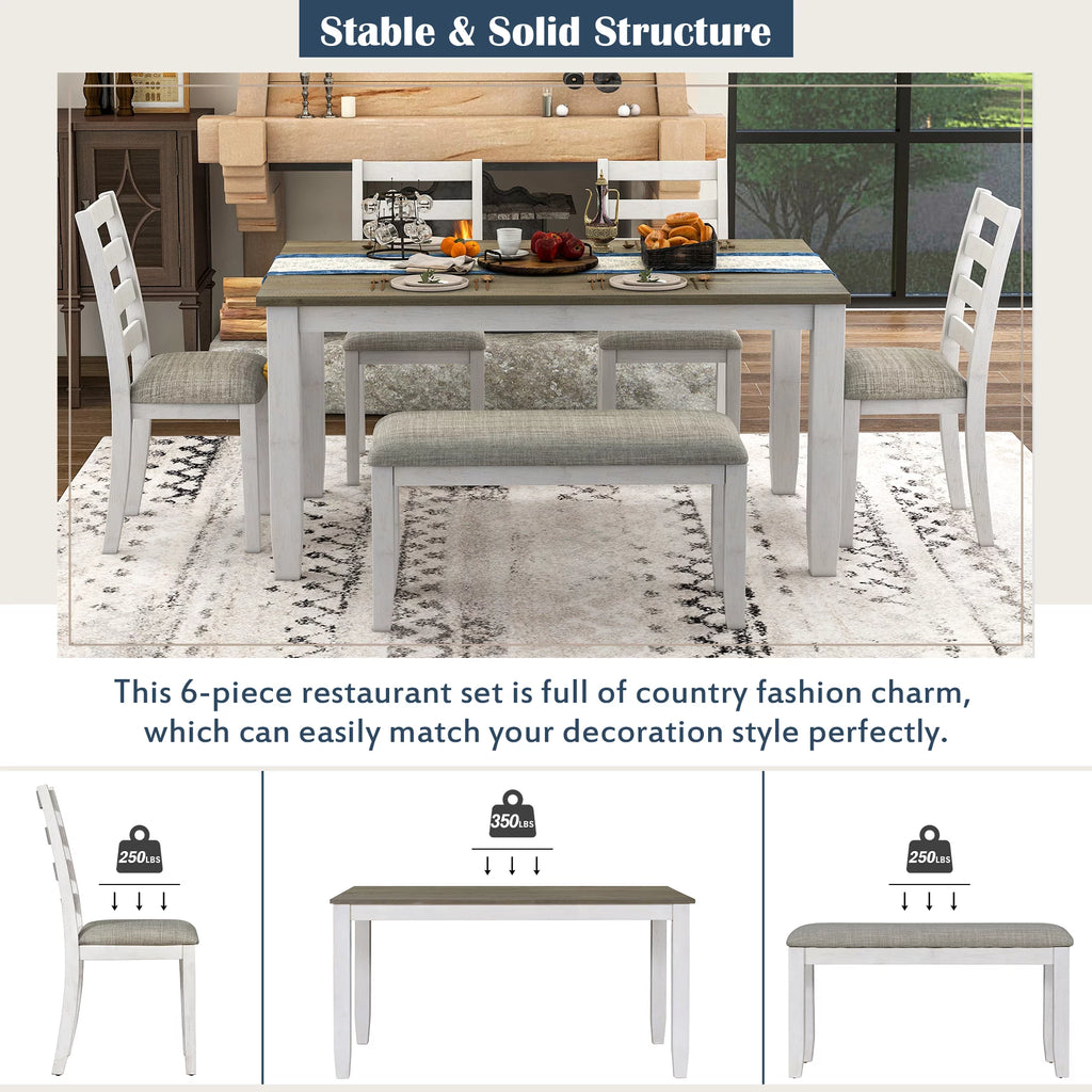 6 Pieces Wooden Dining Table Set with 4 Upholstered Chairs and Bench C989