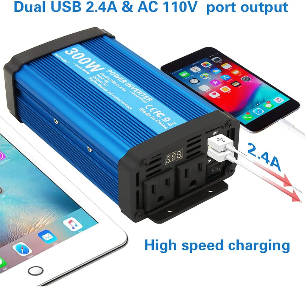 500W Pure Sine Wave Power Inverter DC 12V to 110V AC with 2.4A USB Car Charger Adapter E478