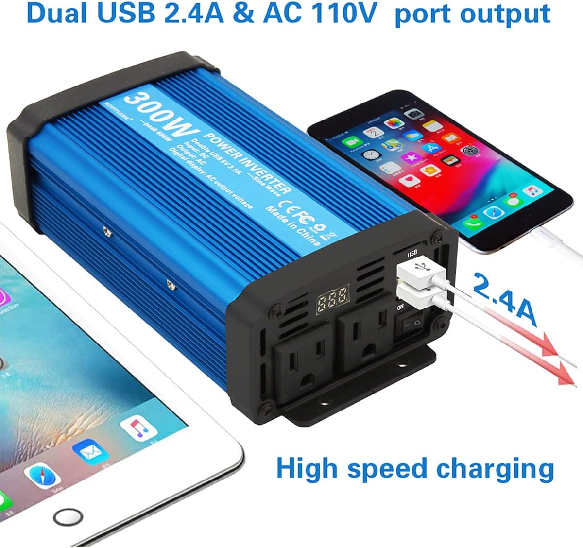 500W Pure Sine Wave Power Inverter DC 12V to 110V AC with 2.4A USB Car Charger Adapter E478