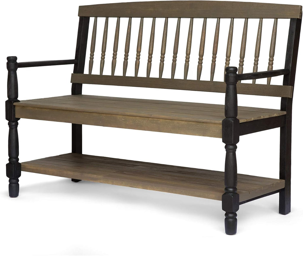 Gray and Black Acacia Wood Bench with Shelf T631201