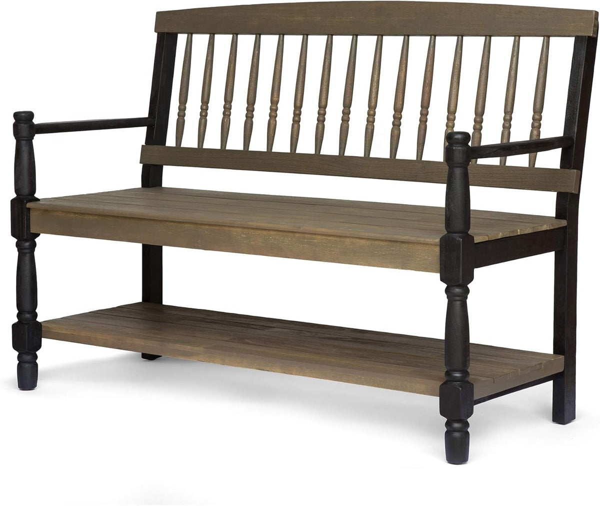 Gray and Black Acacia Wood Bench with Shelf T631201