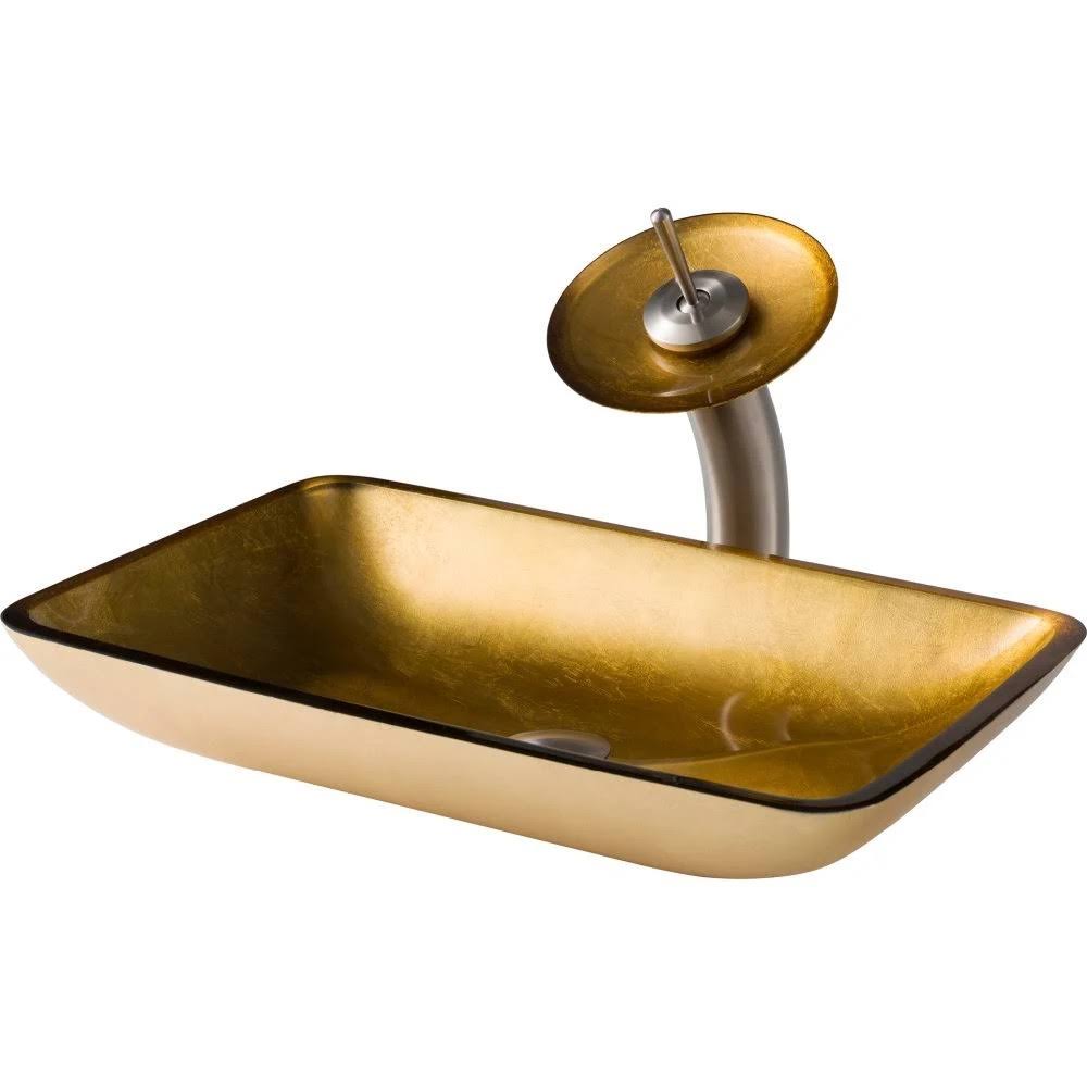 Golden Pearl Rectangular Glass Vessel Sink and Waterfall Faucet X957