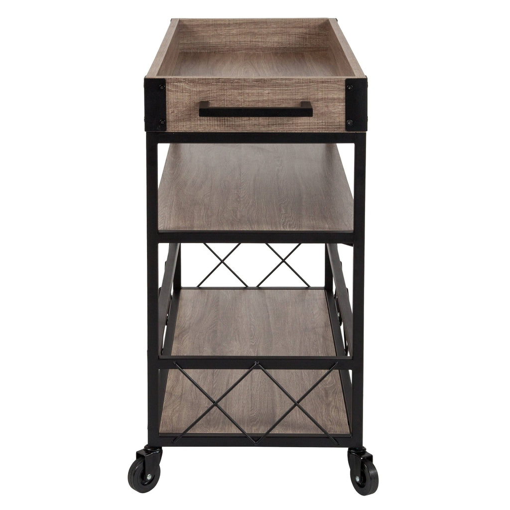 Aged Oak Wood Kitchen Bar Cart with Stemware Rack Y4665