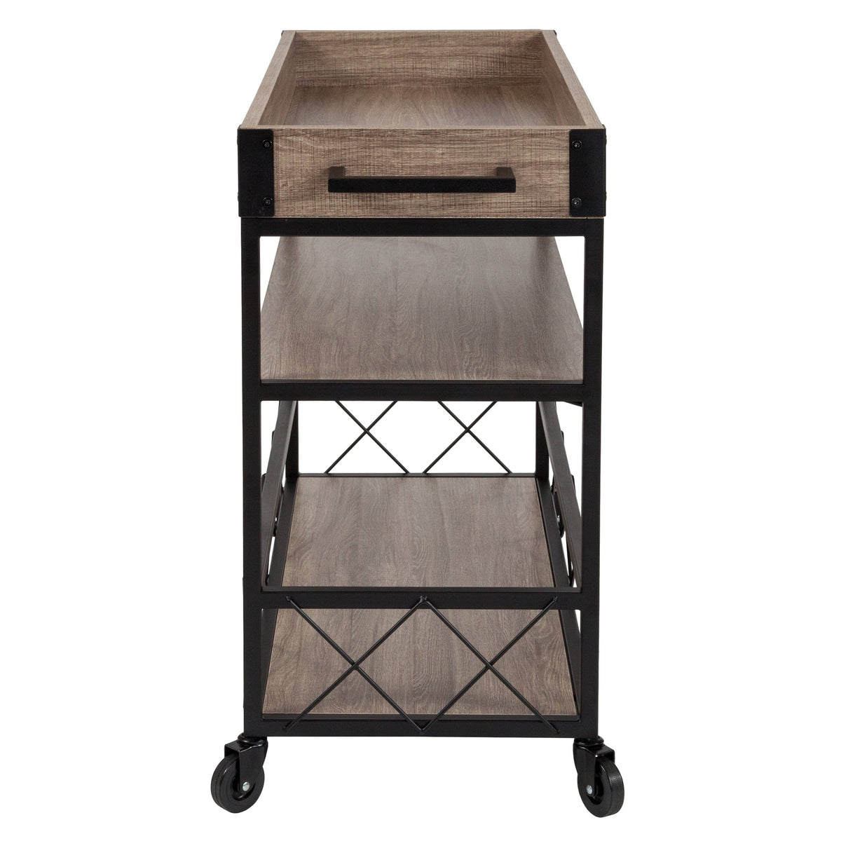 Aged Oak Wood Kitchen Bar Cart with Stemware Rack Y4665