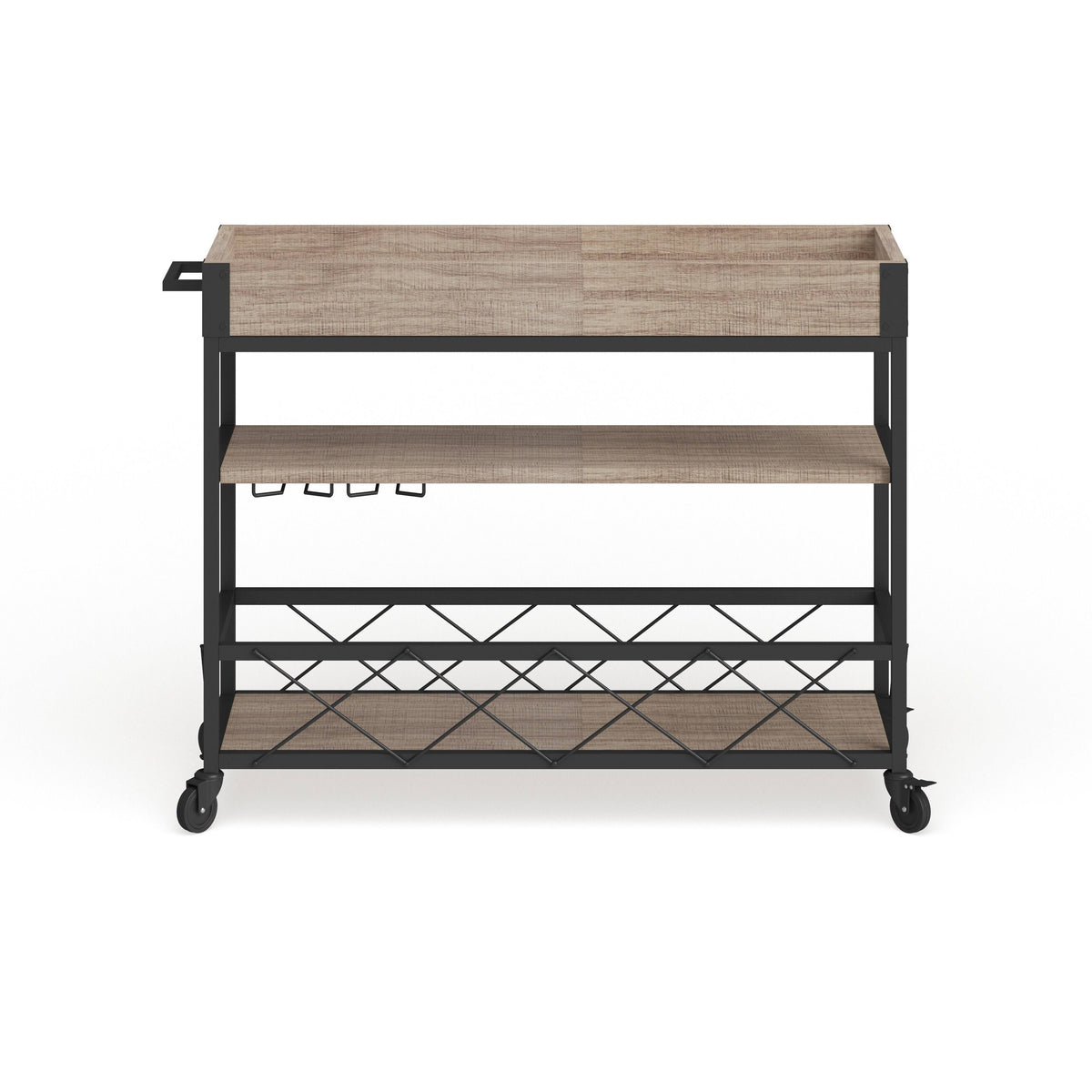 Aged Oak Wood Kitchen Bar Cart with Stemware Rack Y4665