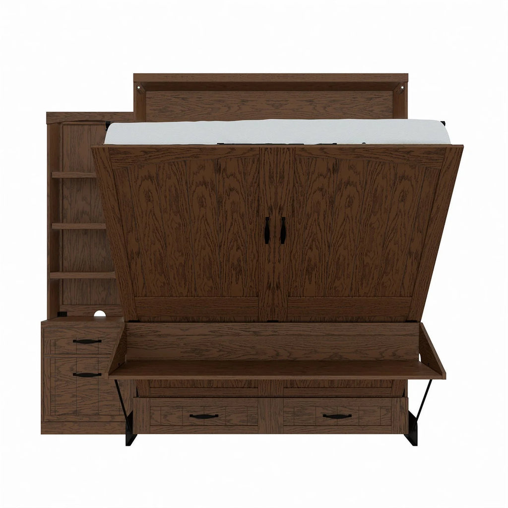 Brown Wood Queen Murphy Wall Desk Bed with Shelf Storage I859389