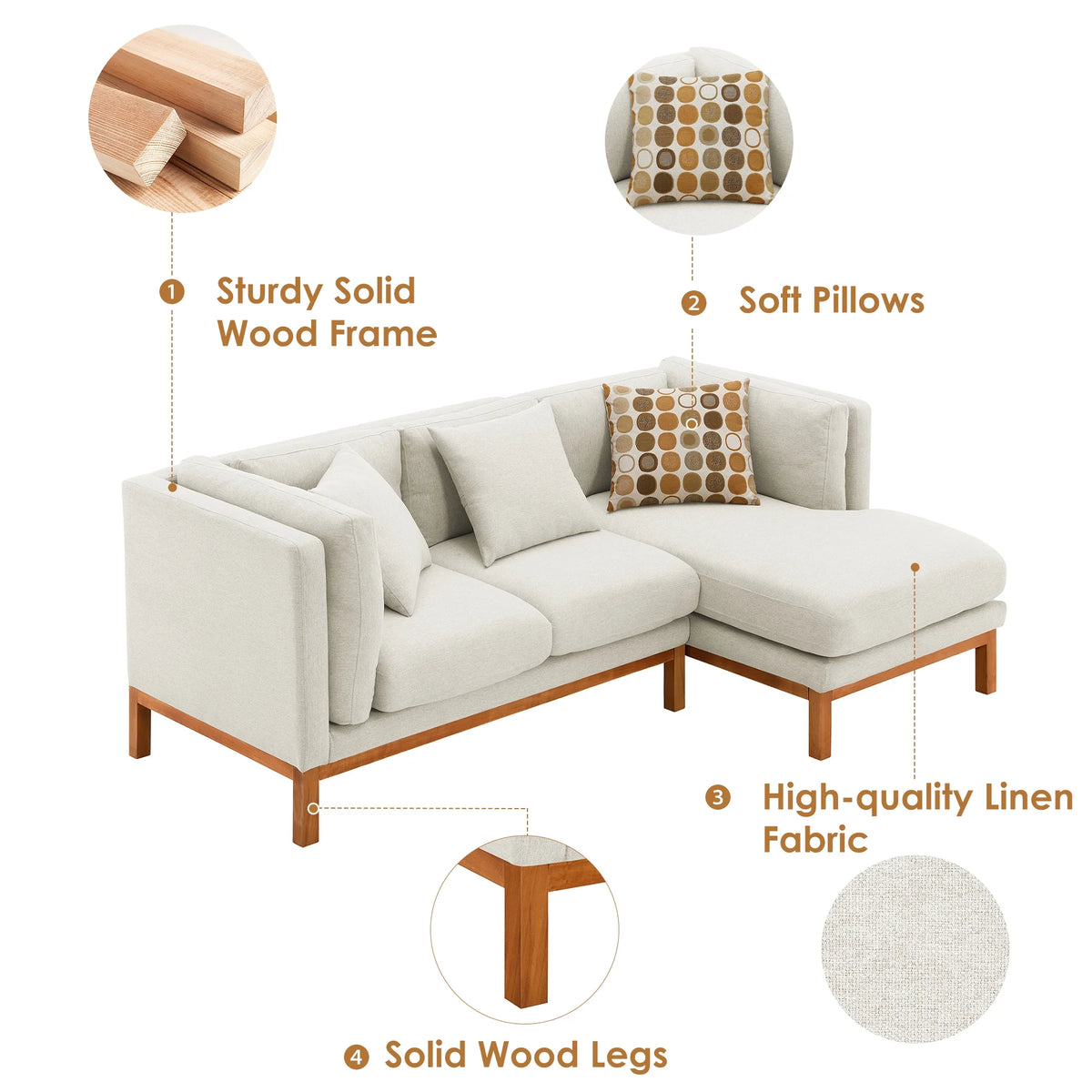 Cream Linen L Shaped Sectional Sofa with Chaise I1647