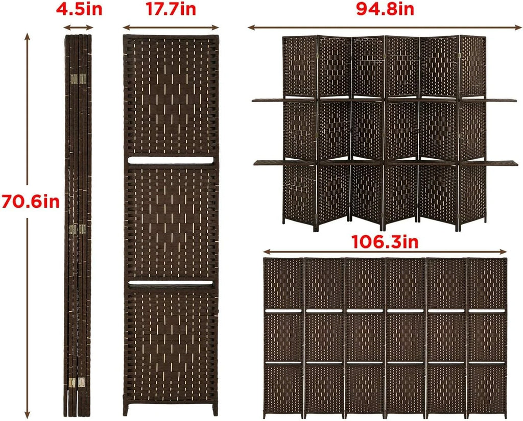6 Panel Wood Folding Privacy Screen with Storage Shelves, Brown B63005