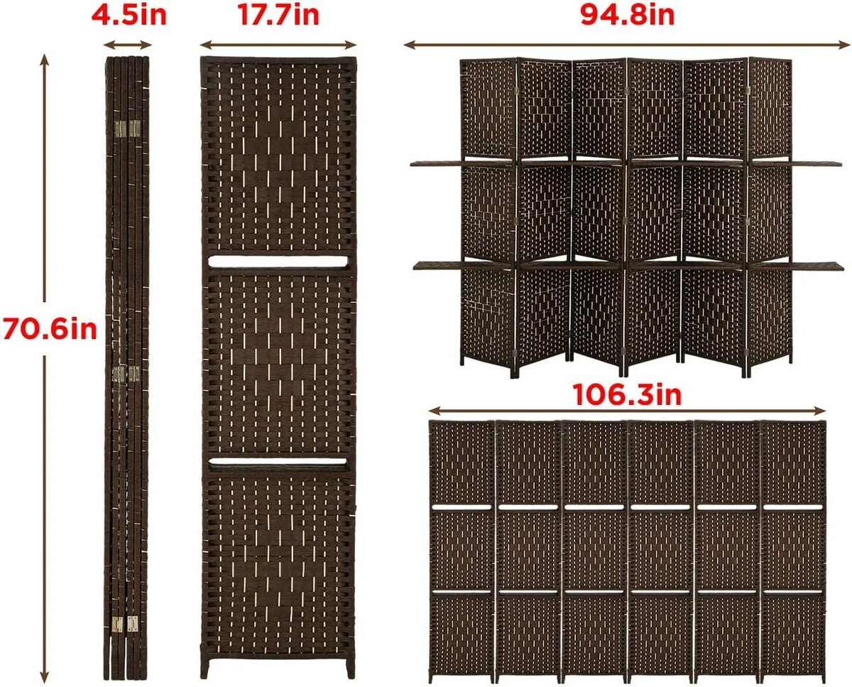 6 Panel Wood Folding Privacy Screen with Storage Shelves, Brown B63005