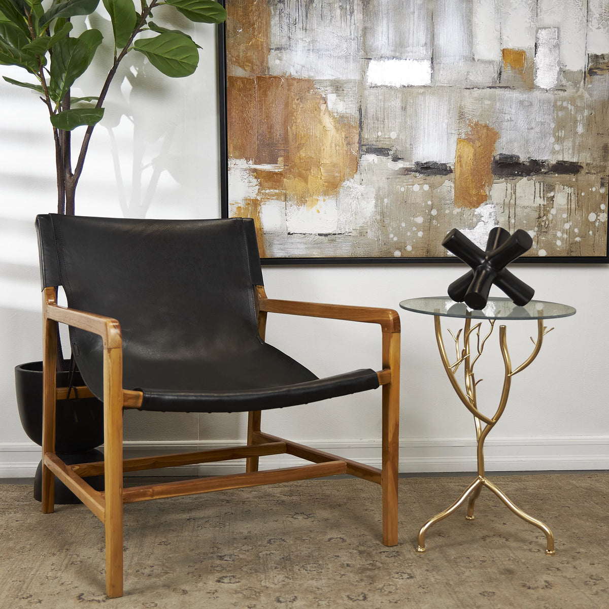 16" x 22" Gold Metal Branch Accent Table with Glass Top A5080