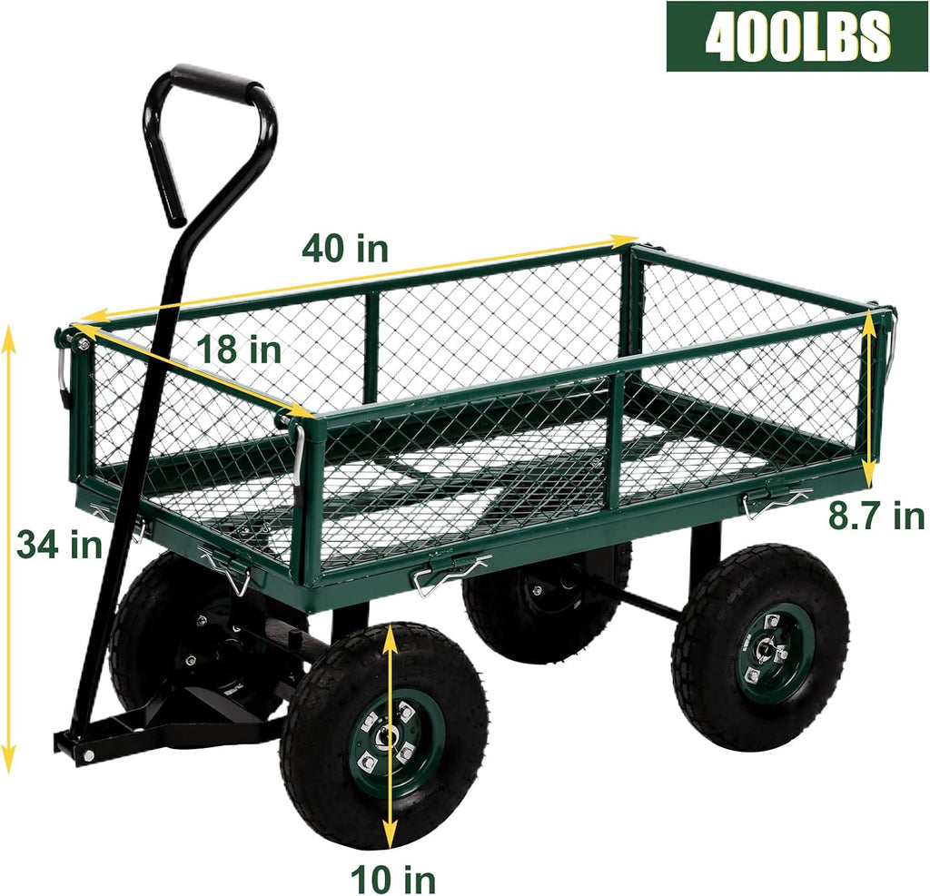 Heavy Duty Steel Utility Cart with Removable Sides and 10 Inch Wheels, Green W37086
