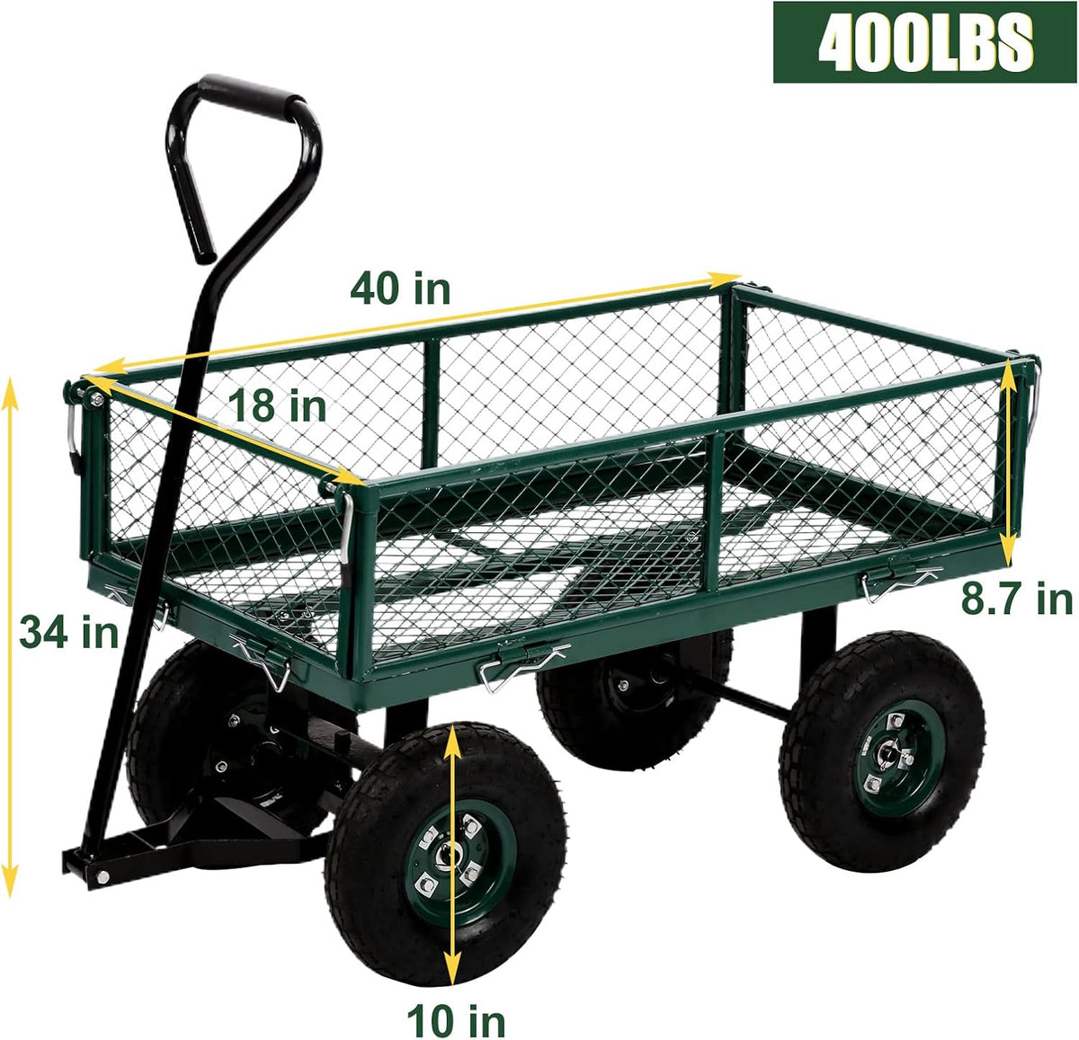 Heavy Duty Steel Utility Cart with Removable Sides and 10 Inch Wheels, Green W37086