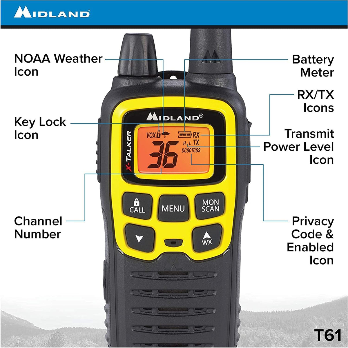 36 Channel FRS Two-Way Radio, 121 Privacy Codes, NOAA Weather Scan + Alert, Black/Yellow, 2-Pack Q280