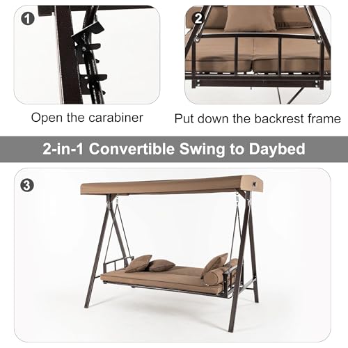 Outdoor Patio Porch Swing with Adjustable PVC Canopy, 3-seat Swing Chair Bench with Side Cup Holder, Cushions and Pillow Included, Grey E823