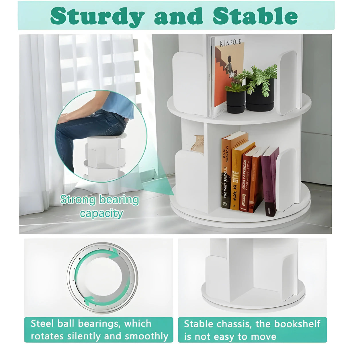 5 Tier 360° Rotating White Wood Bookshelf S385