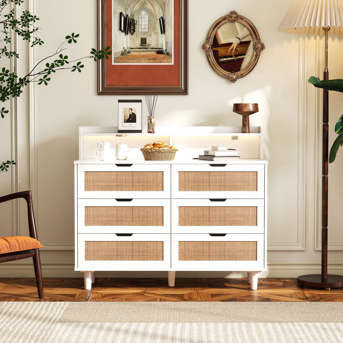 White Rattan Storage Cabinet with LED Lights and Power Outlet D88814