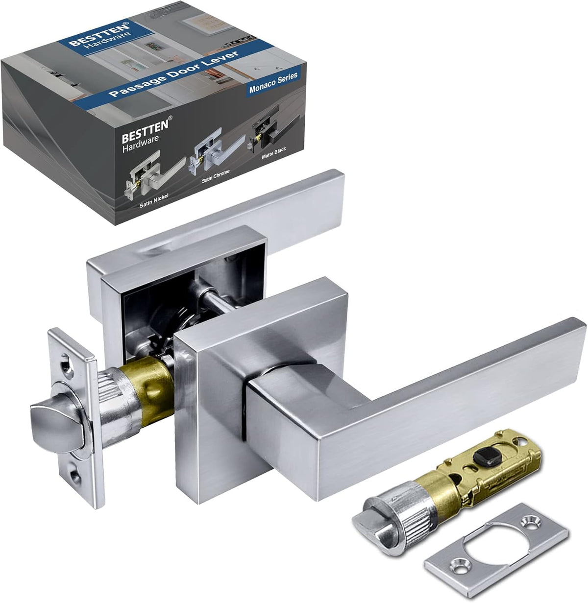 [3 Pack] Satin Chrome Entry Door Lever with Removable Latch Plate I501