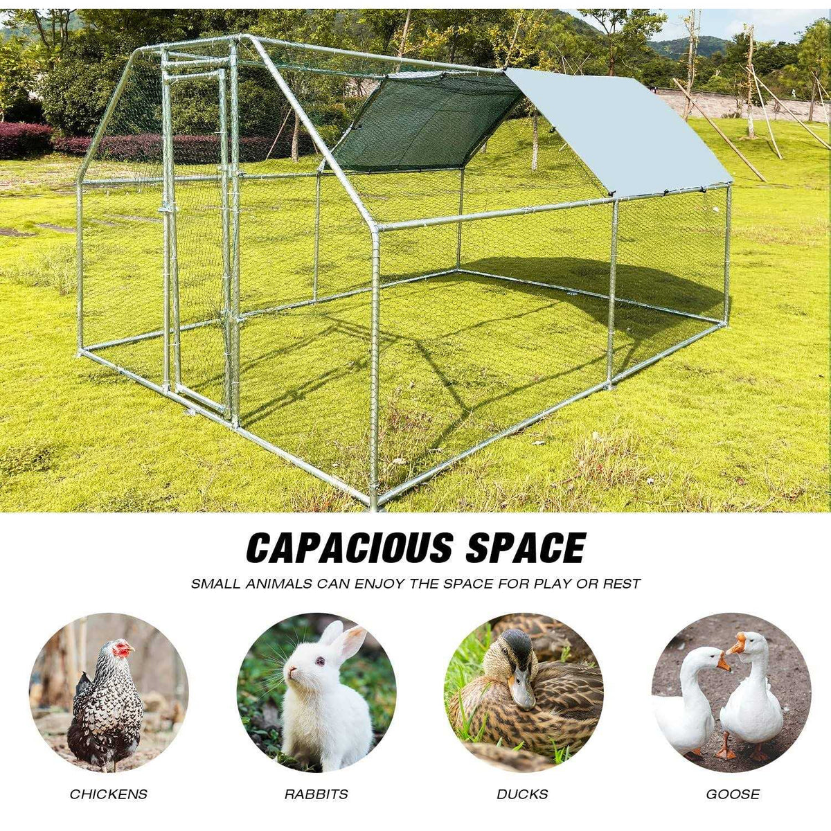 Large Metal Chicken Coop Walk-in Poultry Cage with Waterproof Cover U55206