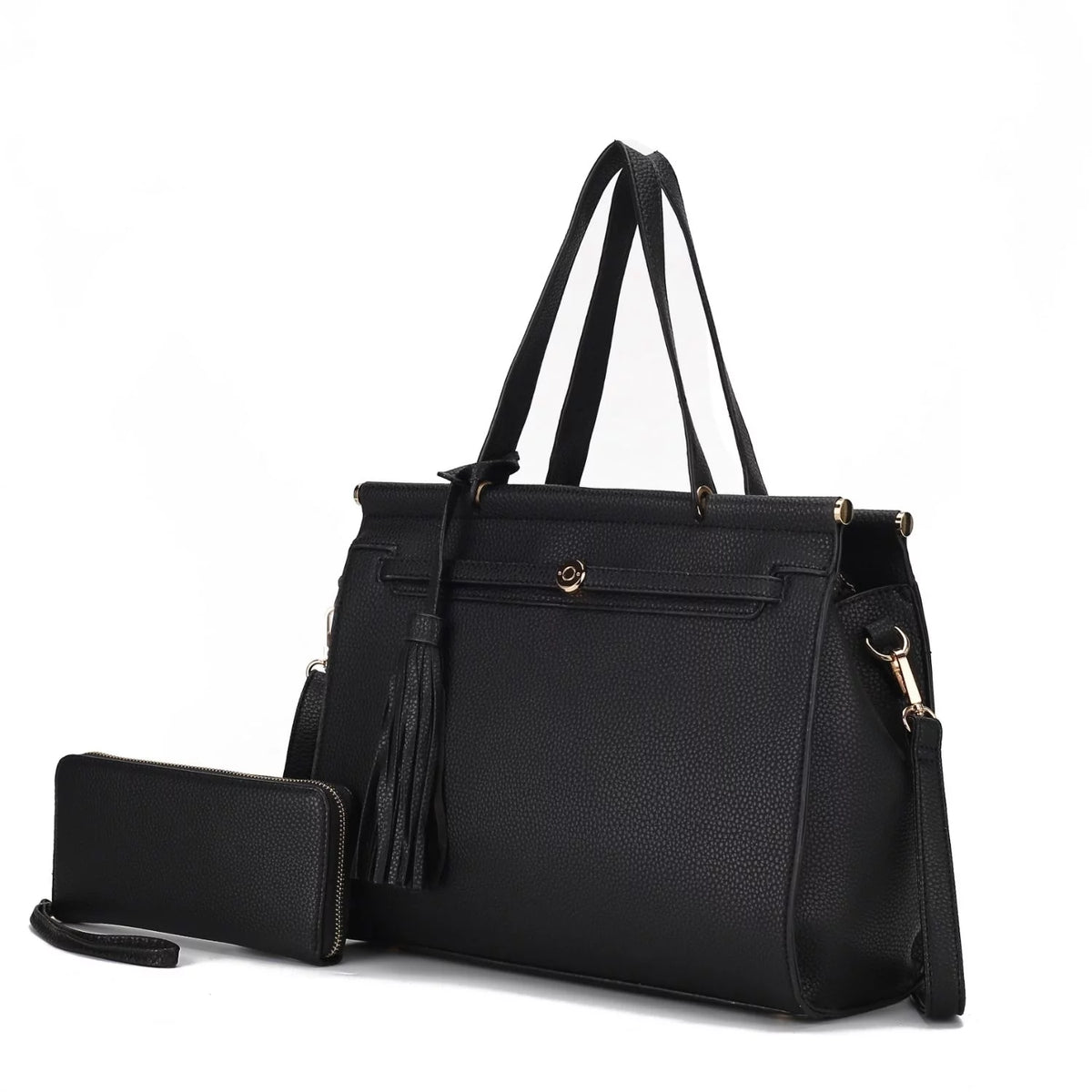 Black Vegan Leather Satchel Handbag & Wallet 2-Piece Set A9509