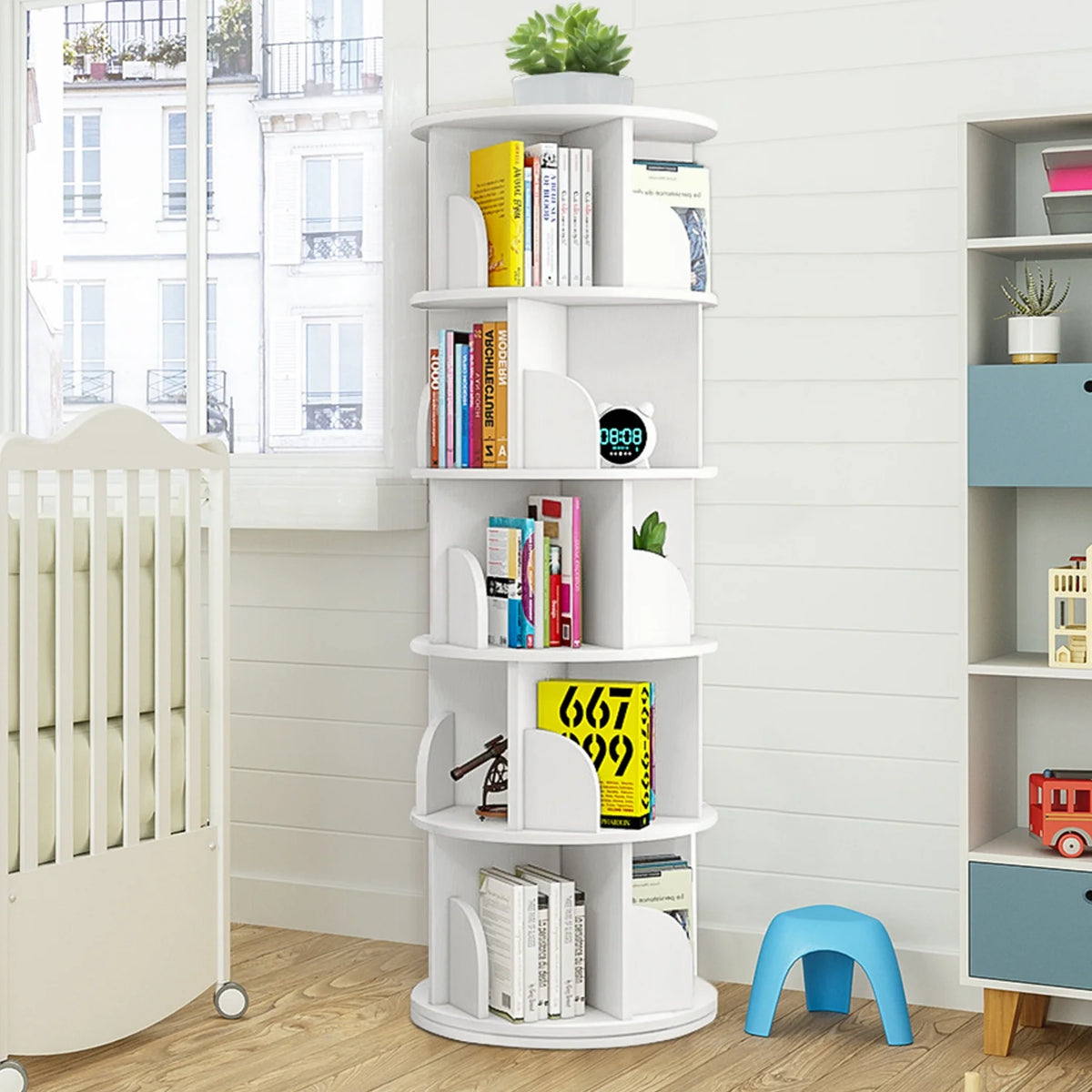 5 Tier 360° Rotating White Wood Bookshelf S385