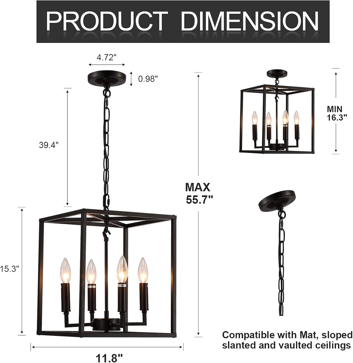 Matte Black 4-Light Metal Cage Pendant Light Chandelier N9523