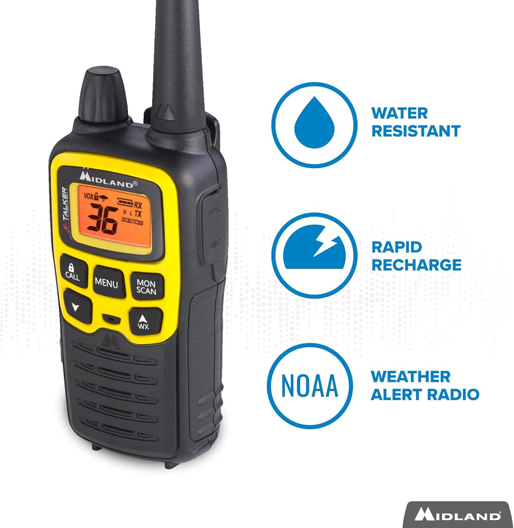 36 Channel FRS Two-Way Radio, 121 Privacy Codes, NOAA Weather Scan + Alert, Black/Yellow, 2-Pack Q280
