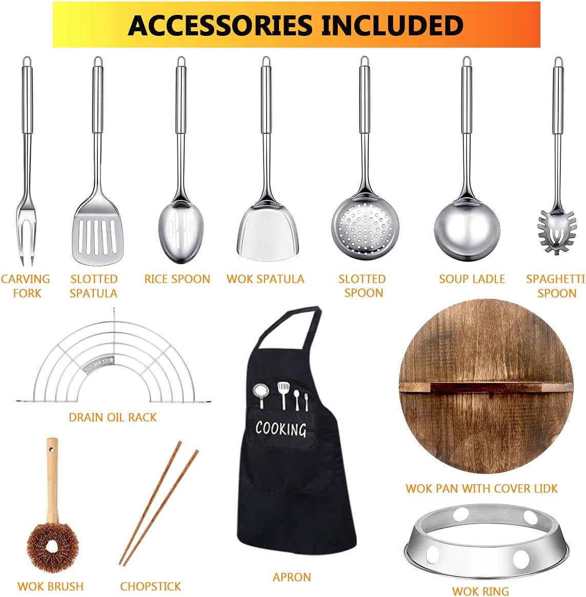 14 Piece Carbon Steel Wok Pan Set with Wooden Lid Z9918