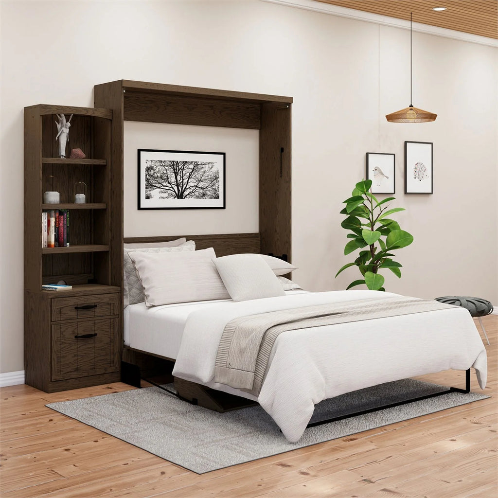 Brown Wood Queen Murphy Wall Desk Bed with Shelf Storage I859389