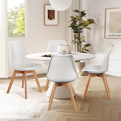 White PU Leather Dining Chairs Set of 4 with Wood Legs R156
