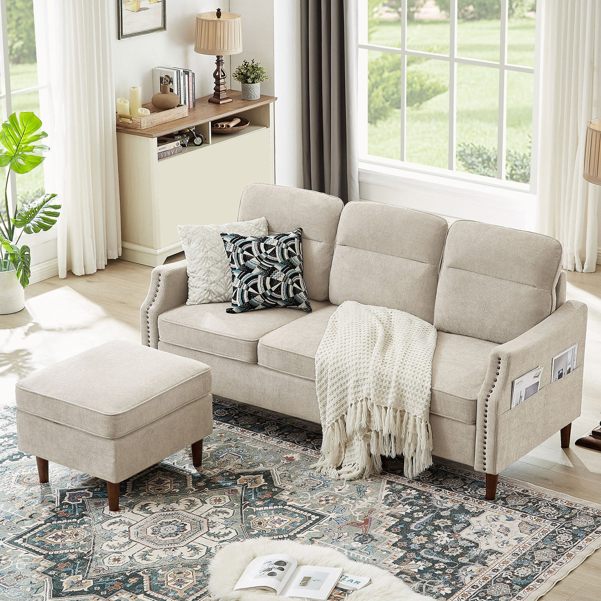 Beige L-Shaped Sectional Sofa Couch with Storage Bags R553